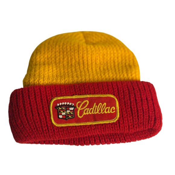 VTG Cadillac Beanie Knit Hat Red Yellow Embroidered Logo Patch Auto Cap Chevy - Picture 1 of 4